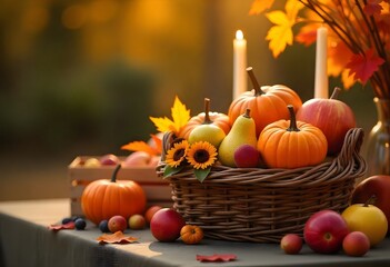 Cozy autumn harvest still life with pumpkins, apples, pears, and sunflowers in warm sunlight for Thanksgiving or fall season promotions