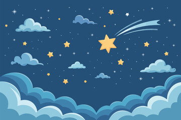 Magical night sky with twinkling stars and a shooting star amidst whimsical clouds