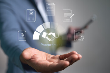 A businessman presents a virtual procurement interface with icons for contracts, invoices, and agreements. This concept illustrates the B2B sourcing process, purchasing management, and supply chain