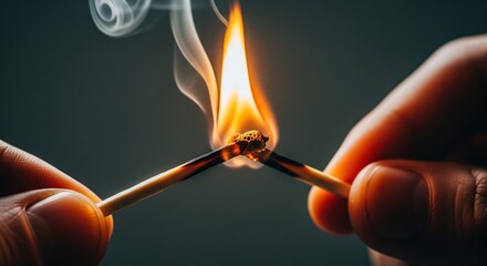 Two broken matchsticks held in hands, burning brightly. Smoke rising from the flame