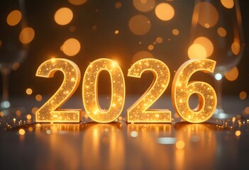 Sparkling golden 2026 numbers glow with festive bokeh, ushering in a bright, celebratory New Year with elegant champagne glasses ready for toasts.