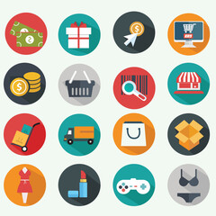 Flat round shopping and retail icons with bags carts and payment symbols