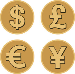 Global currency symbols on golden coins representing international finance and exchange.