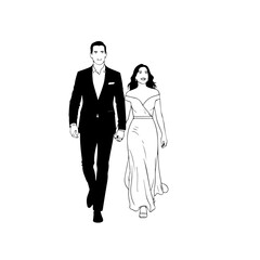 Black and White Vector Illustration of a Couple Man and Woman in Minimalistic Clean Line Art Style