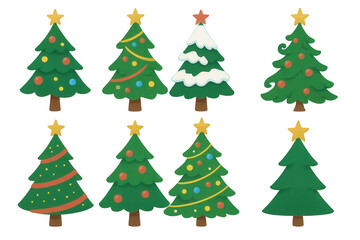 Christmas tree set featuring decorated and plain evergreen trees with stars, presenting festive holiday designs