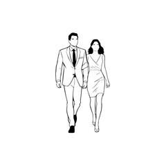 Black and White Vector Illustration of a Couple Man and Woman in Minimalistic Clean Line Art Style