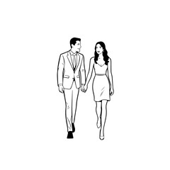 Black and White Vector Illustration of a Couple Man and Woman in Minimalistic Clean Line Art Style