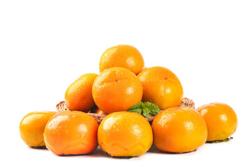 Fresh Orange Persimmons in Wicker Basket on White Background - Autumn Harvest Fruit