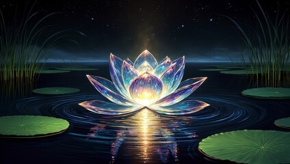 Enchanting lotus flower blooming on a tranquil pond under the moonlight, its petals radiating a soft, ethereal glow, creating a magical and serene atmosphere
