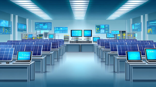 Modern computer laboratory with rows of laptops and monitors displaying data