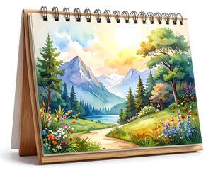 Scenic desktop calendar featuring a tranquil lake, mountains, and wildflowers