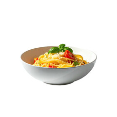 Creamy spaghetti with cherry tomatoes and basil in a white bowl