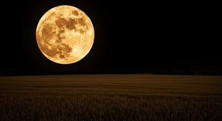 Stunning golden full moon illuminating a vast wheat field at tranquil night