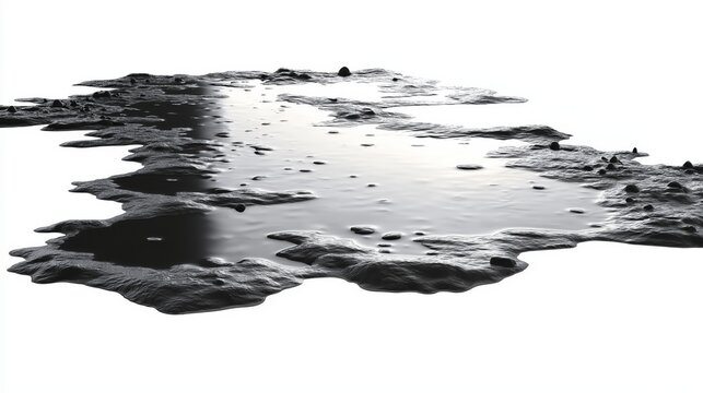 Muddy rain puddle with reflective water surface, isolated ground element on white background, realistic wet soil texture for environment assets, game design, urban details and digital illustration