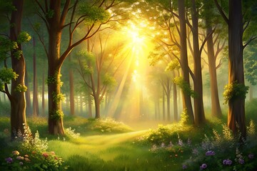 Fototapeta premium Sunbeams pierce through a lush green forest canopy illuminating a path