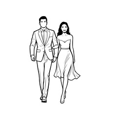 Black and White Vector Illustration of a Couple Man and Woman in Minimalistic Clean Line Art Style