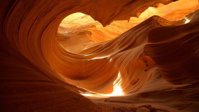 Antelope canyons sandstone formations create a mesmerizing landscape, with sunlight filtering through narrow openings, casting warm, golden hues on the walls - Powered by Adobe
