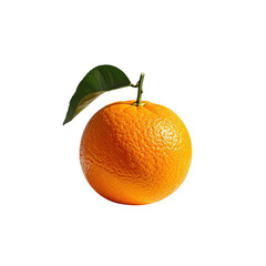 A single, whole orange fruit, vibrant orange in color, with a stem and a single green leaf