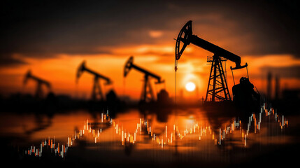 Oil pumpjacks against the sunset with financial graphs. Quotes and charts fluctuations in cost energy resources.