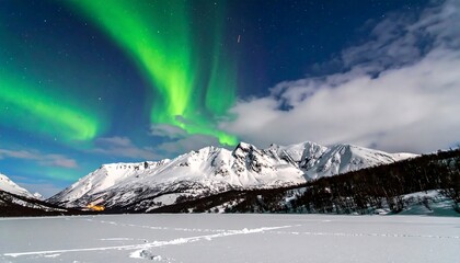 Stunning nightscape showing bright green aurora borealis dancing above snowy mountains and frozen lake with some clouds