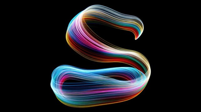 Colorful streaks form the letter S on a black background, a mix of colors abstractly swirls