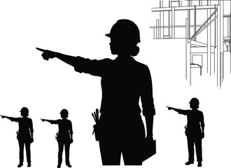 silhouette female construction engineer architect pointing direction building site project management leadership teamwork instruction safety supervisor design control planning development guidance