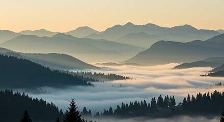 Fototapeta premium Serene mountain layers shrouded in morning mist with golden sunrise glow