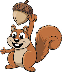 Cute cartoon squirrel holding big acorn, happy forest animal character illustration, wildlife mascot design, nature rodent drawing - cad drawing flat vector illustration