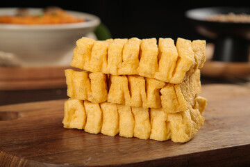 Golden Tofu Skewers on Wooden Board - Asian Cuisine Ingredient Studio Photography