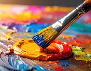Fototapeta premium Vibrant Paintbrush on Colorful Palette