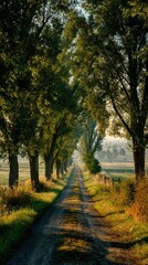 Fototapeta premium A serene dirt road flanked by lush trees, leading into a tranquil landscape bathed in morning light.