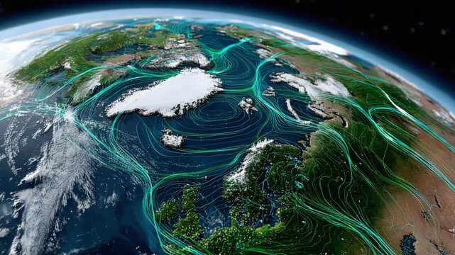 Global Circulation: A detailed view of the Earth's surface showcasing intricate patterns of global circulation, emphasizing the complex interaction of ocean currents and wind patterns.