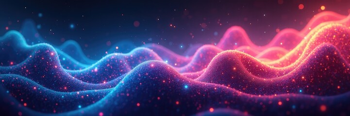 Abstract digital landscape with swirling, textured hills of vibrant blue and pink glowing particles.