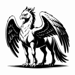 Black and White Vector Illustration of Griffin with Spread Wings | Stylized Mythological Griffin Drawing | Griffin Icon Artwork for Stock Graphics