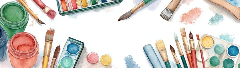 A colorful array of painting supplies including brushes, paints, and palettes, set against a blank canvas background, inviting creativity.