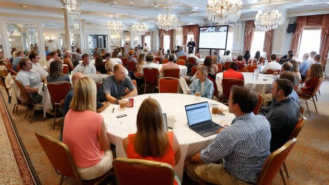 Business Conference: Large conference room filled with attendees, some are seated at round tables with laptops, while the presentation happens in the center.