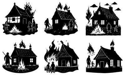 Obraz premium Six illustrations of burning houses with people in black and white style