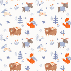Obraz premium A pattern with cute forest animals. Fox Moose Bear Rabbit Is suitable for fabric, wrapping paper