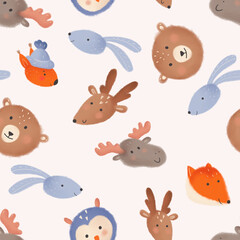 Naklejka premium The pattern with cute faces of forest animals Fox Moose Bear Rabbit Hedgehog Squirrel Owl Is suitable for fabric, wrapping paper