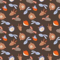 The pattern with cute faces of forest animals Fox Moose Bear Rabbit Hedgehog Squirrel Owl Is suitable for fabric, wrapping paper