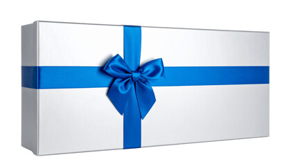 White gift box with blue ribbon