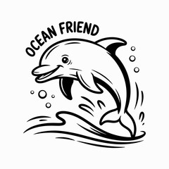 Black and White Vector Illustration of Smiling Dolphin Leaping from Water | Stylized Dolphin Drawing with Text “OCEAN FRIEND” | Cute Ocean Dolphin Vector Artwork for Stock Graphics
