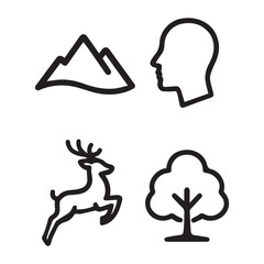 Vector set of black bear, hill, man face and tree animal silhouettes