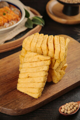 Sliced Dried Tofu on Wooden Board - Asian Food Ingredient Studio Photography