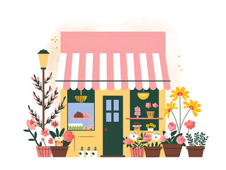 Retro flower shop building illustration, AI generated