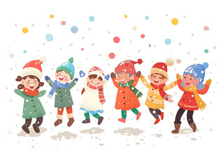 Happy children play snow watercolor illustration isolated on white. AI generated