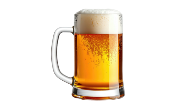 Light-amber beer in a glass mug with a handle and foamy head - Powered by Adobe