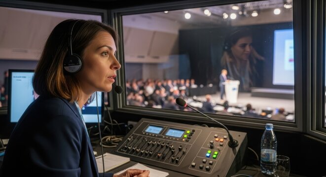 Interpreter concentrating during conference in sound booth