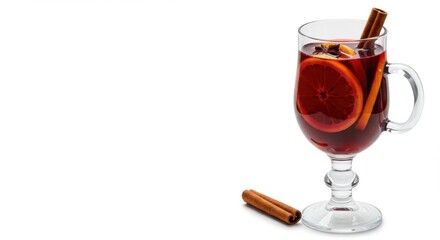 Hot mulled wine with orange slices and cinnamon sticks in a glass on a white background with copy space