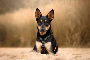 Portrait of young big dog without breed in black and orange dog harness in dry grass in autumn on...